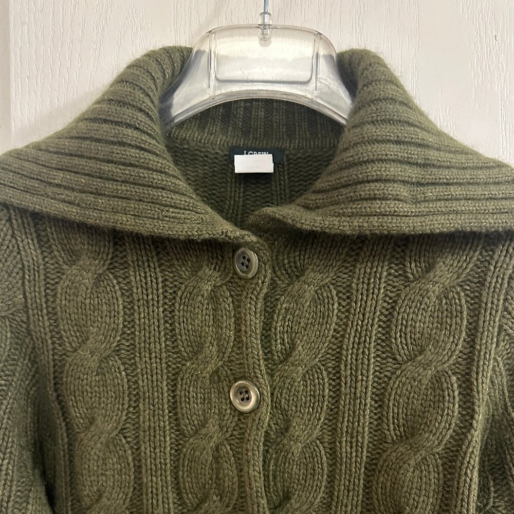 Vintage J. Crew Women Green Cable Cardigan Cashmere Wool Blend Size Small - Picture 2 of 7